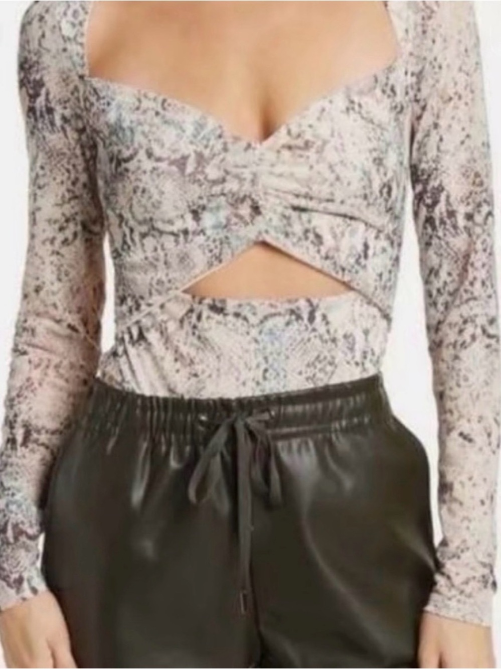 AFRM Taupe Snake-Print Long Sleeve Cutout Top bodysuit